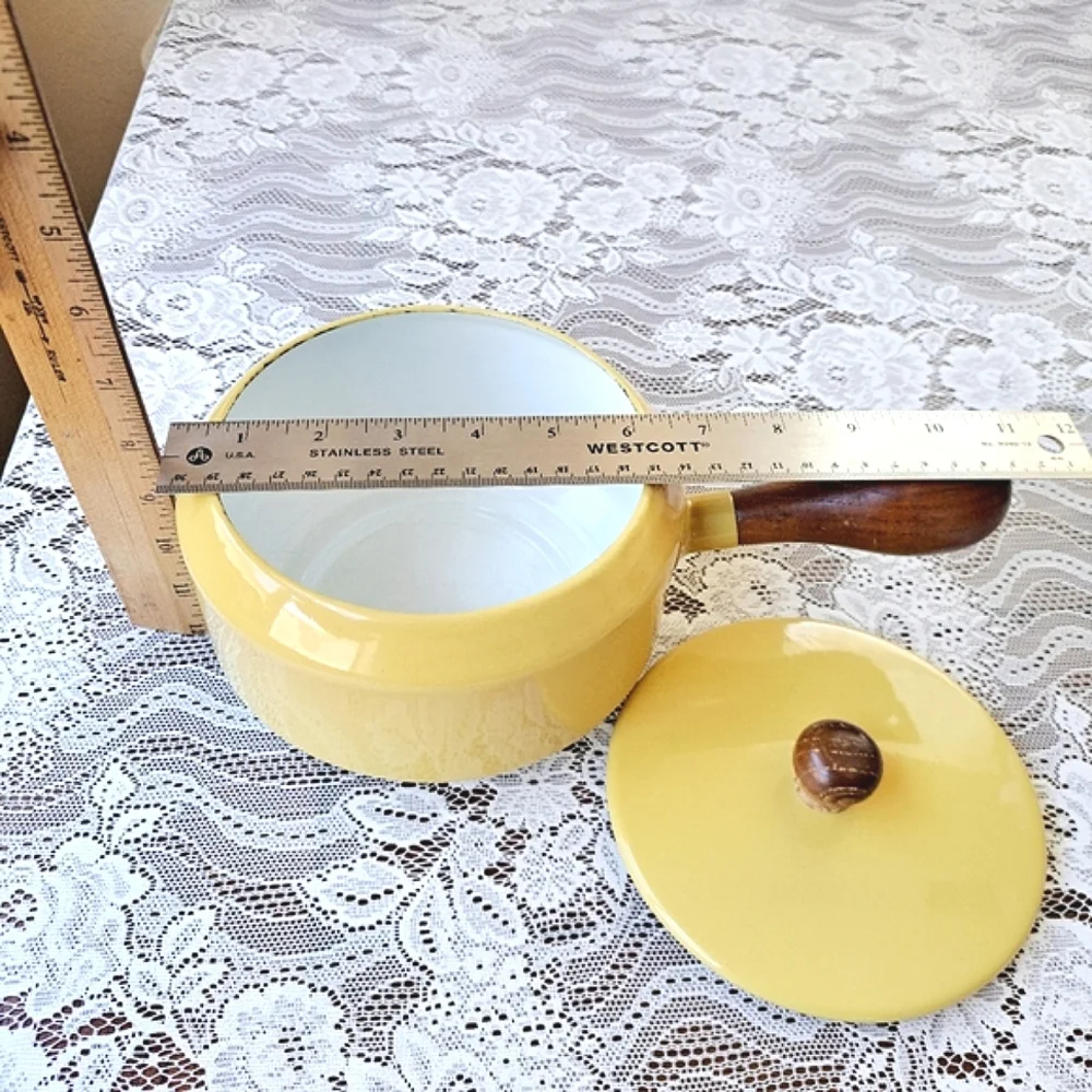 Vtg 60s MCM Mustard Yellow Enamel Fondue Pot w/ Lid Mod Dining Cookware Saucepan